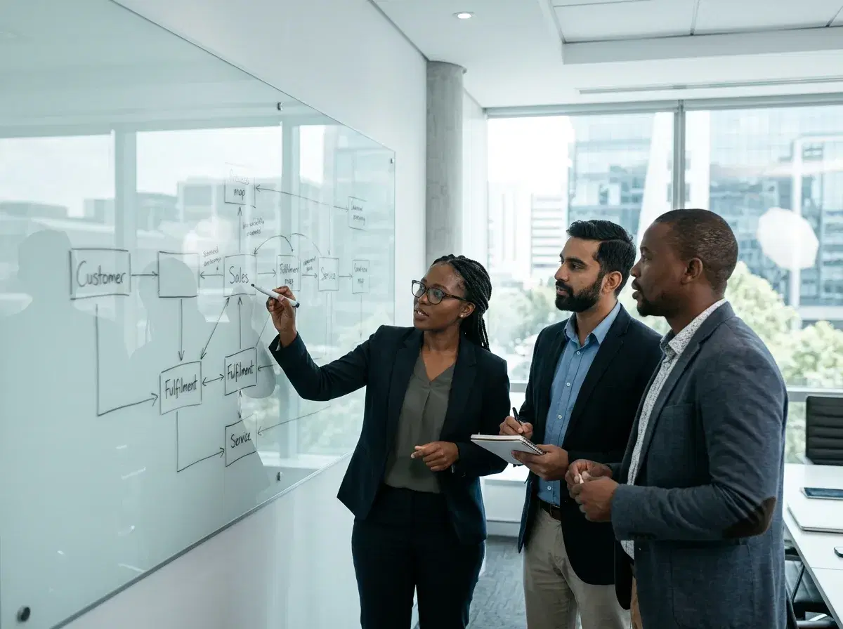 Business and technology specialists mapping connected customer, revenue and operations processes