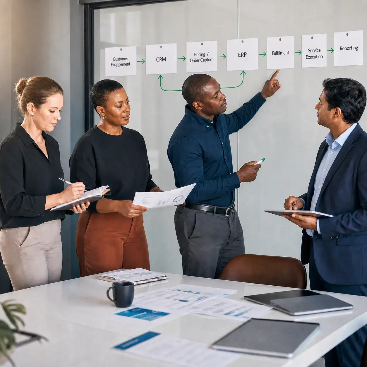 Consultants reviewing business performance information in a modern office