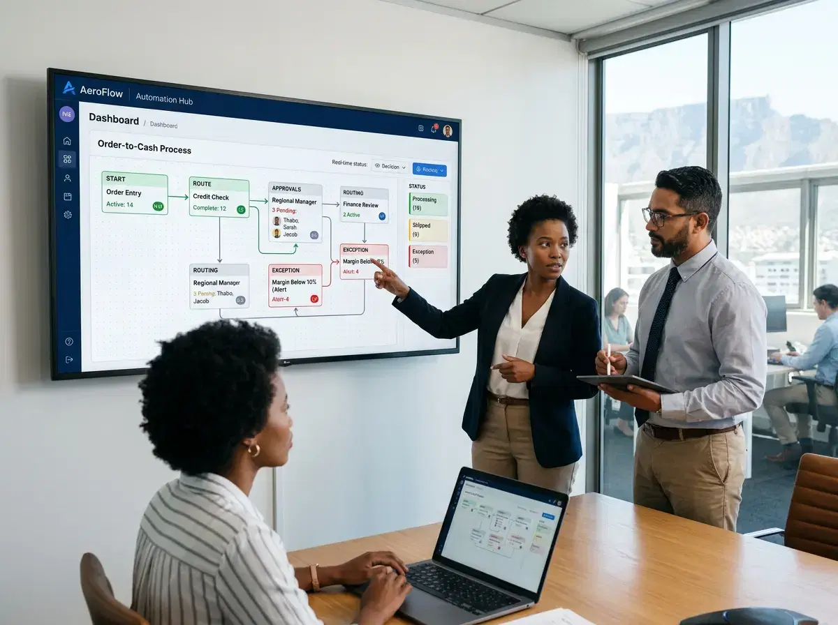 Team reviewing an automated order-to-cash workflow board and exception routing
