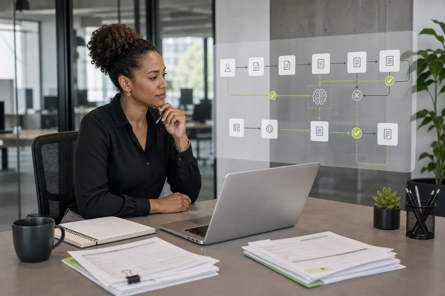 Analyst reviewing an AI-assisted workflow and document automation process on screen