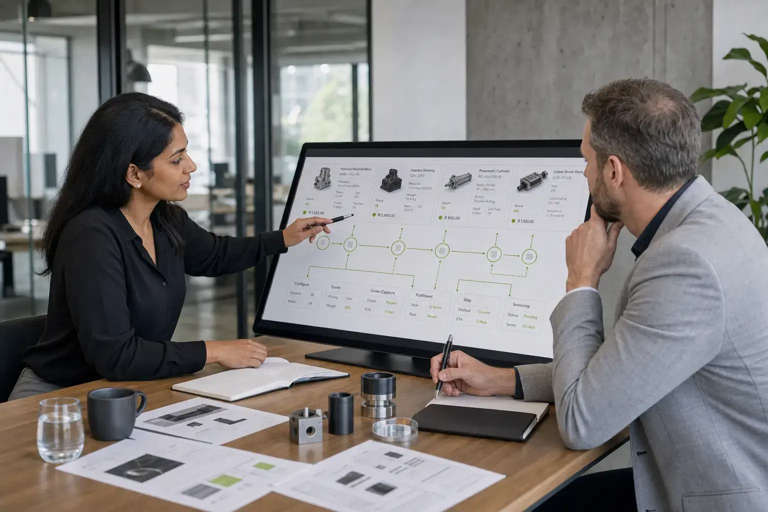 Team reviewing product, pricing and order capture flow across a commerce process screen