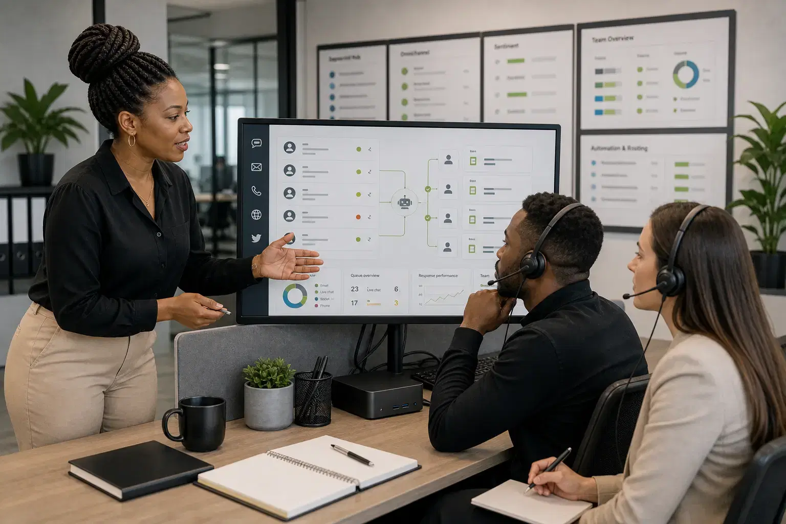 Customer service team reviewing a contact routing and response performance dashboard