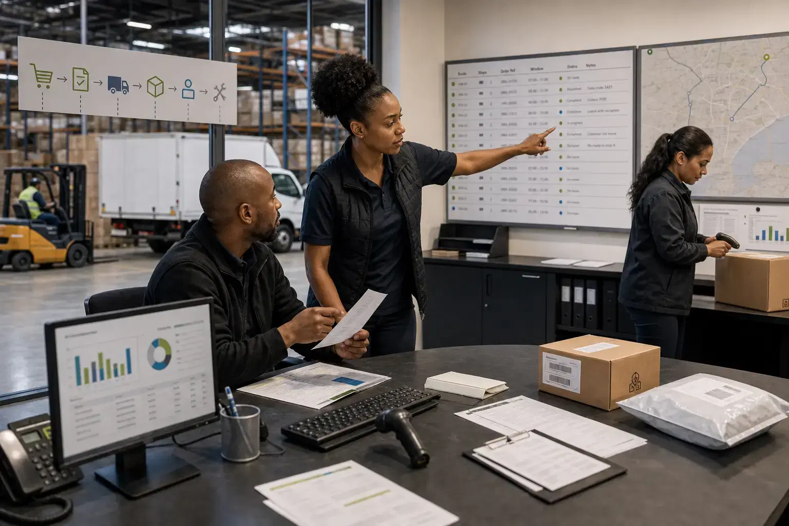 Operations team tracking fulfilment, inventory and delivery status in a warehouse control area