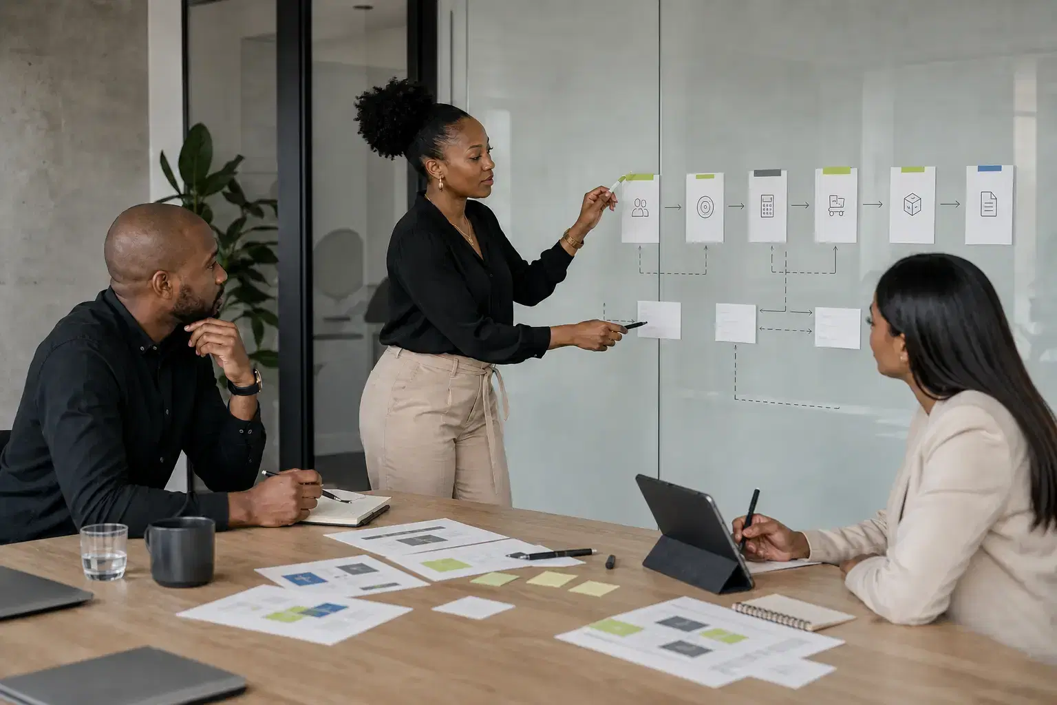 Business team mapping revenue and sales workflow stages on a planning wall