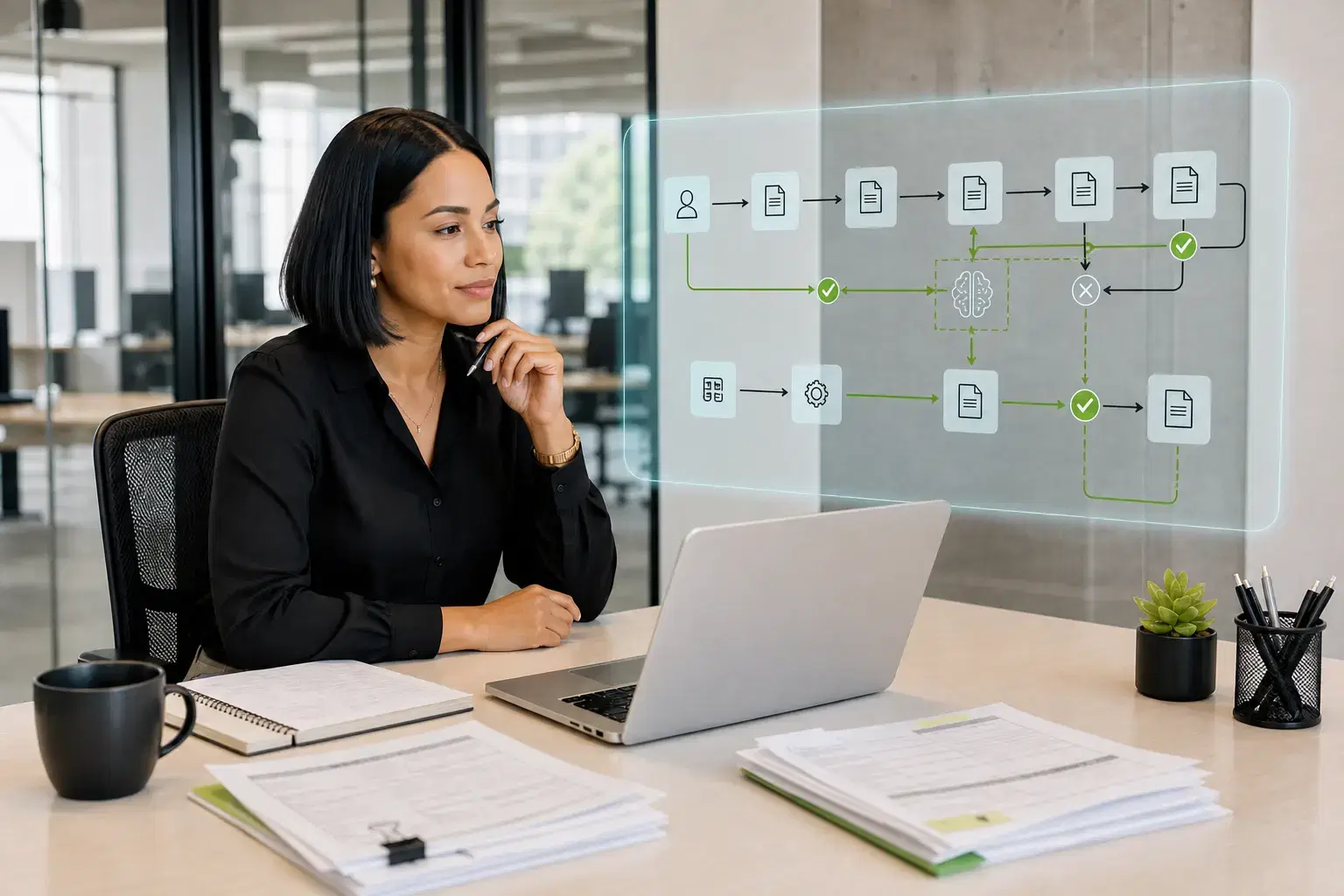 Consultant reviewing an AI-assisted workflow and automation process on a laptop