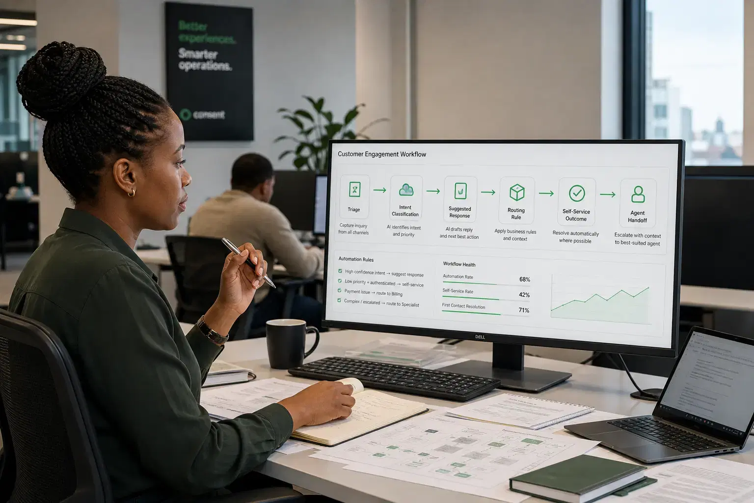 Service team reviewing automated contact routing and AI-assisted customer interaction flows