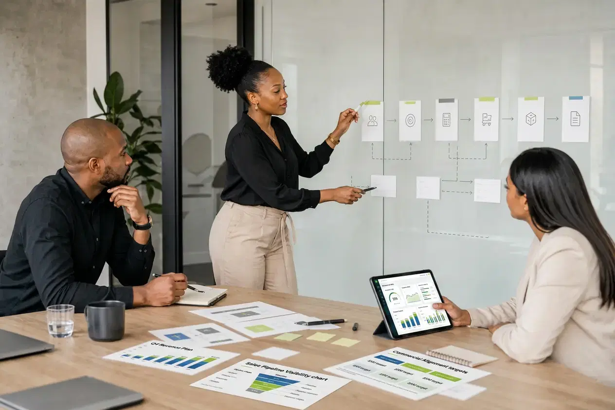 Team reviewing automated revenue and service workflow steps across business systems