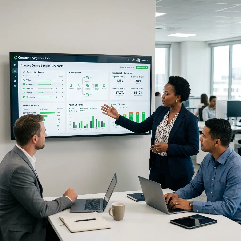 Customer service team reviewing contact centre performance in a modern office
