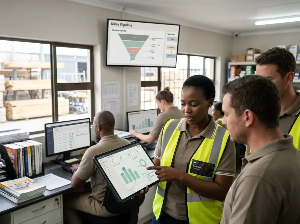 Team reviewing CRM pipeline dashboards and customer demand information