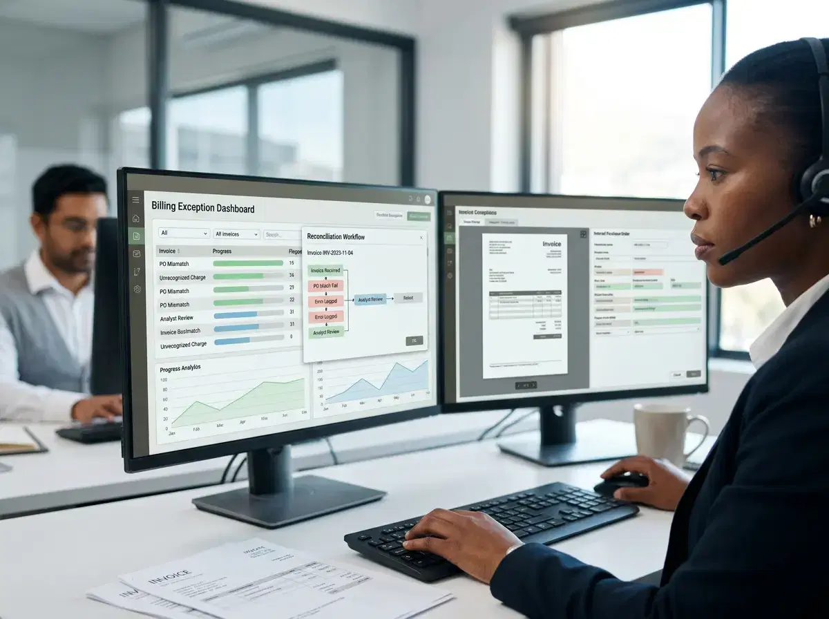 Finance analyst reviewing billing exceptions and invoice reconciliation dashboards