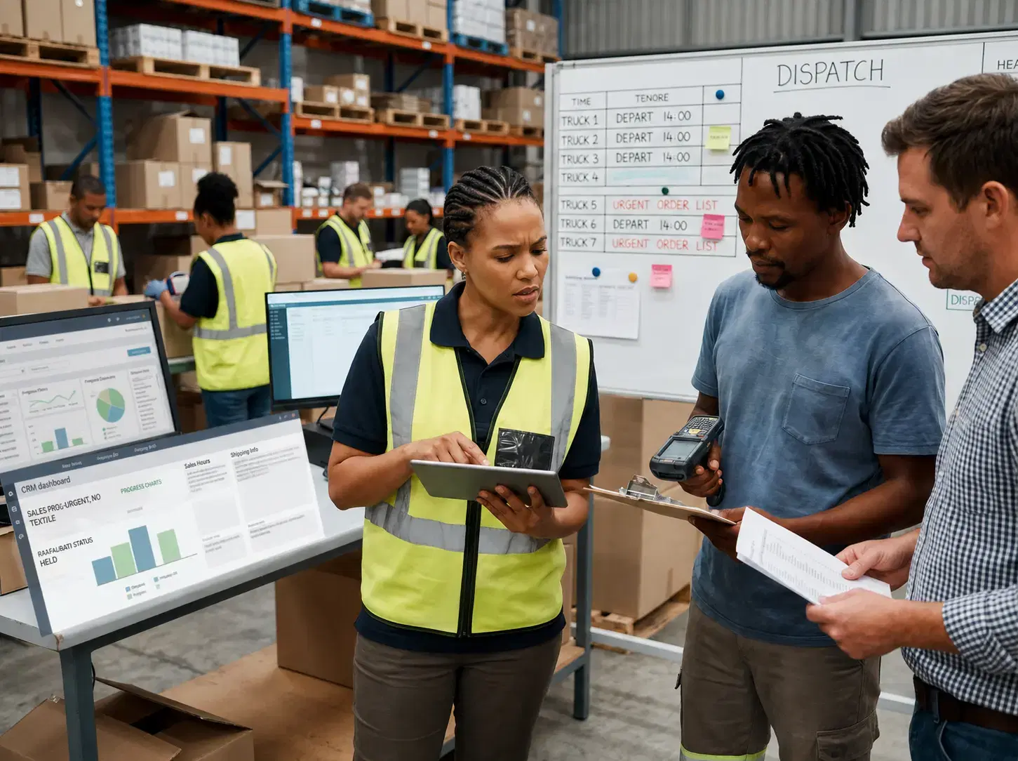 Warehouse fulfilment team reviewing dispatch priorities and order status