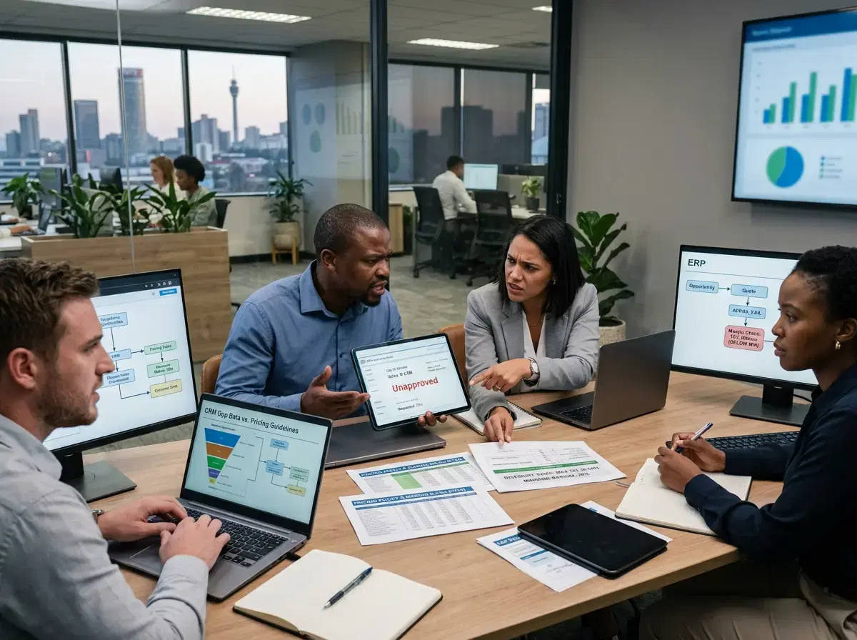 Team reviewing pricing approvals and CRM-to-ERP gaps across multiple screens