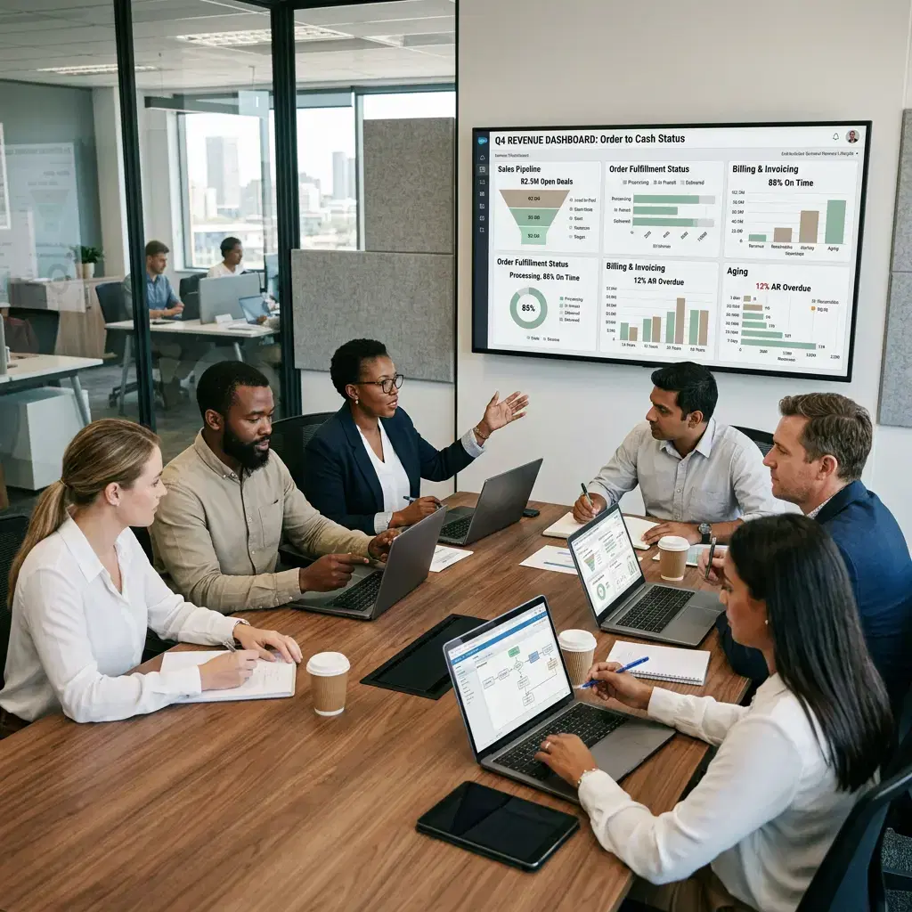 Revenue team reviewing sales pipeline, fulfilment and billing dashboards in a meeting room